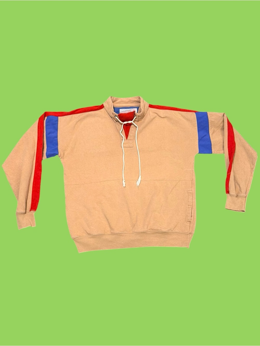Vintage 80s Neiman Marcus Competitive Edge Tan Color Block Sweatshirt Front Tie
